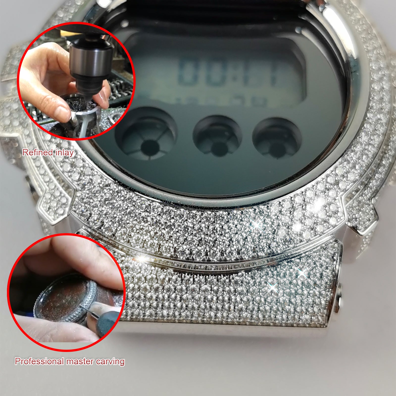 Modified watch Inlaid with earth grown diamonds watch case and band for  Casio wristwatch DW6900 Series